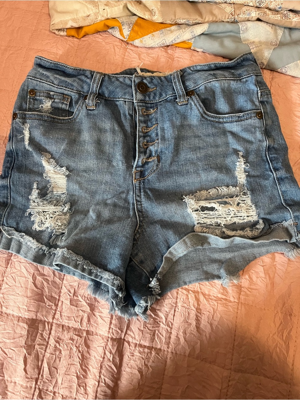 Altar'd State Distressed Button-Fly Denim Shorts - Light Blue